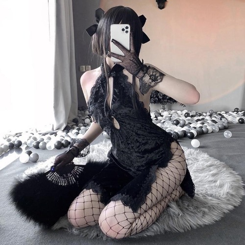 Black Velour Cheongsam Dress | Default Title