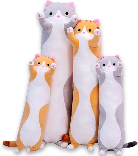 Cute Cat Plush Long Body Pillow Cuddle Cartoon Stuffed Animals Cat Plushie Soft Doll Pillows Gifts for Kids Girls (Orange, 19")