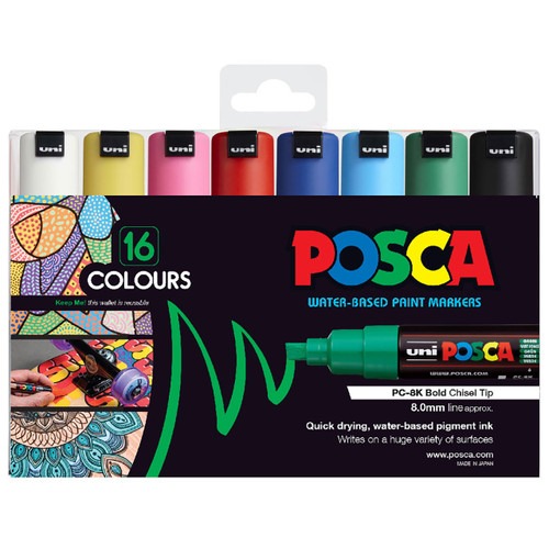 Posca Assorted Standard 16 Colours Paint Marker Pen Set in PC-8K Chisel Tip