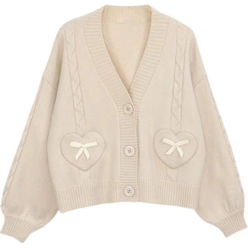 Lumber Star Kawaii Japanese Pink Cardigan Women's Short Knitted Sweater Cute Bow Heart Korean JK School Uniform Jacket, Beige - Beige Medium