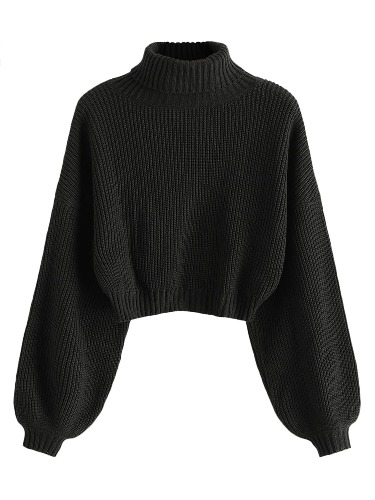 ZAFUL Women's Cropped Turtleneck Sweater Lantern Sleeve Ribbed Knit Pullover Sweater Jumper - 2-black Medium