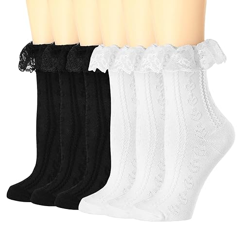 BIVOLU Womens Crew Socks Lace Ruffle Frilly Cotton Cute Princess Ankle Dress Socks for Girl 6 Pack - 5-9 - 6pairs( 3black+3 White-lace Style3)