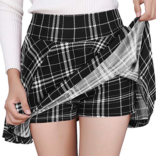 DJT Fashion Women's Casual Stretchy Flared Pleated Mini Skater Skirt with Shorts - Large - Black Plaid