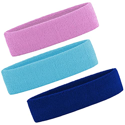 3 Pack Men & Women Sweatband Headband Terry Cloth Moisture Wicking for Sports Tennis Gym Work Out - Purple,Sky blue,Blue