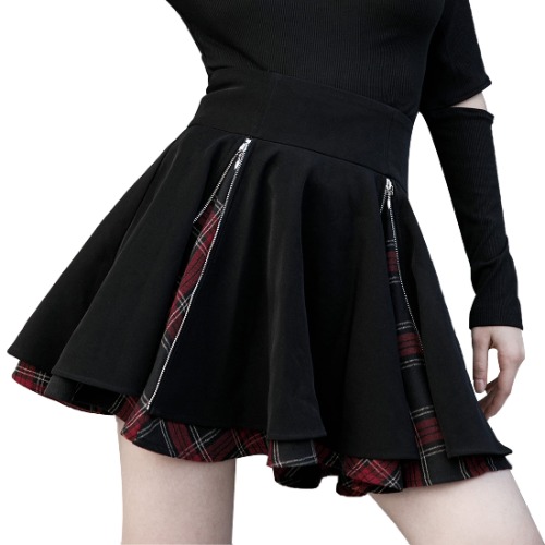 Kisidoo Women's Gothic Skirts Cute High Waisted Plaid Kilts for Women Trendy Elastic Waist Hem Flared Knee Length Mini Skirt - Black X-Large
