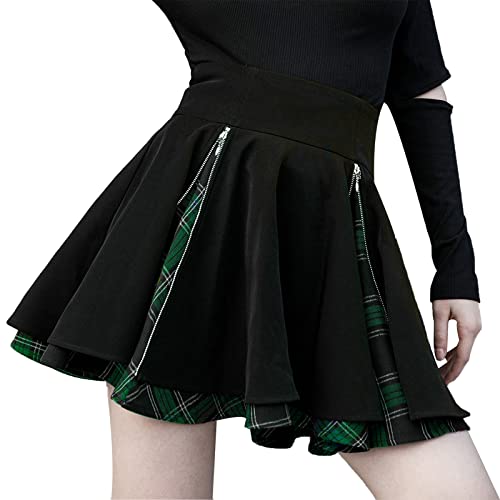 Kisidoo Gothic Skirts Cute High Elastic Waisted Plaid Kilts for Women Trendy Hem Flared Knee Length Mini Skater Skirt - A# Green Plaid - Medium