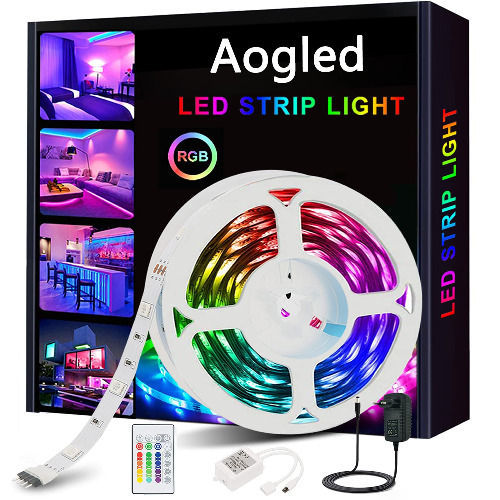 Aogled LED Streifen 5m,RGB LED Strip Lichterkette 24v 5050 LEDs Farbwechsel Kit mit 24 Tasten Fernbedienung und Netzteil,Stimmungslicht LED-Lichtband für Küche DIY Dekoration Innendekoration - 5M
