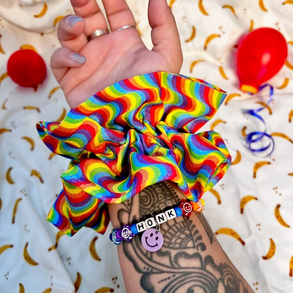 Handmade fabric clown ruffle cuff clowncore bracelet set rainbow print