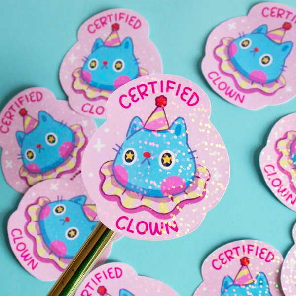 Clown Sticker - Cat Holographic - Clowncore - Creepy Cute Pastel Clowns for Halloween