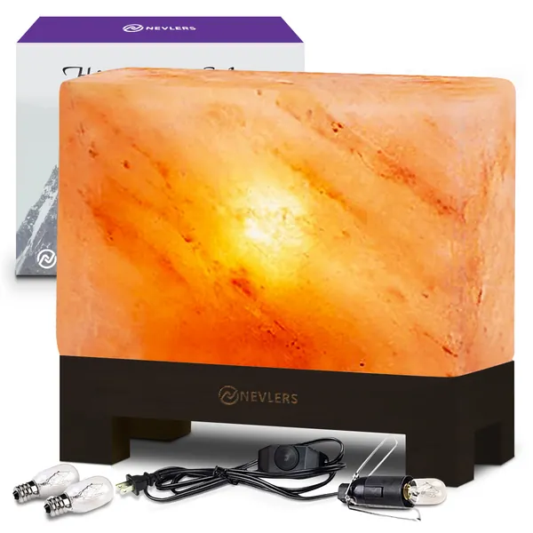 Nevlers All Natural 100% Authentic Hand Carved Himalayan Salt Lamp - Unique Rectangle Shape - 8"H x 3.75"W x 7.5"L - 7-8 lbs. - Beautiful Wooden Base , 2 Bulbs and UL Listed Dimmer Cord Included - Rectangle
