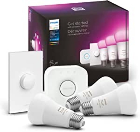 Philips Hue White and Color Ambiance Medium Lumen (75W) Smart Button Starter Kit, Hub Included, 16 Millions Colors, Works with Amazon Alexa, Google Assistant, Apple HomeKit (New Version)