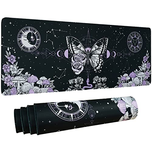Aesthetic Butterfly Goth Gaming-Mauspad, XL, Pilz, Mondphase, Galaxie, langes, großes Schreibtisch-Mauspad, gruselige Hexe, Gothic, Schreibtischzubehör, 80 x 30 cm - Violett, Weiß