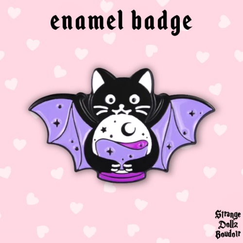 Witchy Bat Cat enamel badge, pastel goth, Halloween, Strange Dollz Boudoir