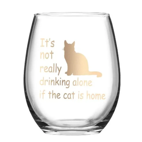 It's Not Really Drinking Alone if the Cat is Home Stemless Wine Glass, Funny Cat Lover Wine Glass for Women Cat Lady Friends Sisters Mom Grandma, Wine Glass for Birthday Christmas Present, 15 Oz