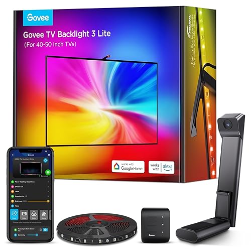 Govee TV Backlight 3 Lite with Fish-Eye Correction Function Sync to 40-50 Inch TVs, 2.4m RGBICW Wi-Fi TV LED Strip Light with Camera, 4 Colors in 1 Lamp Bead, Voice and APP Control, Adapter - 2.4M