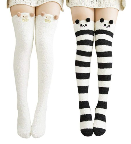Wander G Womens Over Knee High Fuzzy Socks Cute Cartoon Thigh High Stockings Warm Stripe Leg Warmers - Black/White