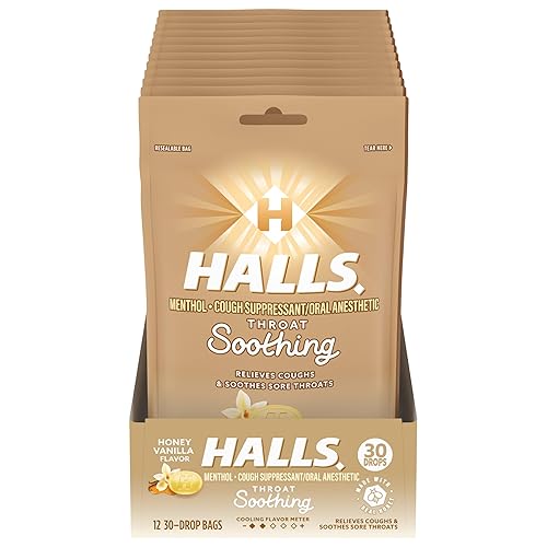 HALLS Throat Soothing Honey Vanilla Cough Drops, 12 Bags of 30 Drops (360 Total Drops) - Honey