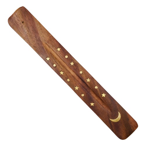 Moon and Stars Incense Holder - Wooden Ash Catcher with Celestial Design for Single Incense Sticks - Meditation Accessories, Spiritual Decor, Home Fragrance, Room Decor (10 Inches Long) - Celestial Moon and Stars