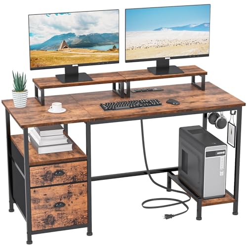 Furologee Computer Desk with Drawer and Power Outlets, 47" Office Desk with 2 Monitor Stands and Fabric File Cabinet, Writing Gaming Table with Shelves and 2 Hooks for Home Office, Rustic Brown - Rustic Brown - 47"