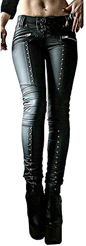 Women's Faux Leather Leggings Gothic Punk Skinny PU Leather Pants Mid Rise Novelty Studded Tight Pants - Small - Black