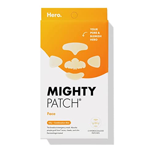 Mighty Patch Face from Hero Cosmetics - XL Hydrocolloid Mask for Acne, 5 Large Pimple Patches for Zit Breakouts on Nose, Chin, Forehead & Cheeks - Vegan-Friendly, Not Tested on Animals (1 Count)