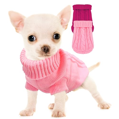 XXS Dog Sweater, 2 Pieces Turtleneck Knitted Chihuahua Sweater Yorkie Teacup Dog Clothes Small Dogs Girl Winter Warm Pullover Sweaters Pet Cat Sweater Cold Weather Puppy Clothes Outfits XX-Small Pink - XX-Small - Rose-Pink