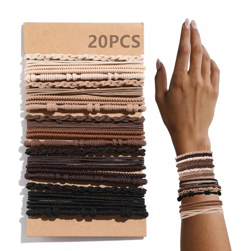 20 PCS Boho Hair Ties, Brown Bracelets Hair Ties for Thick or Thin Hair, 4 Styles Boho Ties for Ponytail Holders, 2.36’’ Hair Ties No Damage - 20P-Brown