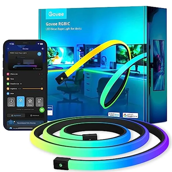 Govee RGBIC Neon Rope Lights for Desks, 16.4ft LED Gaming Desk Lights, Neon LED Strip Lights Syncing with Razer Chroma, Support Cutting, Smart App Control, Music Sync, Adapter (Only 2.4G Wi-Fi)