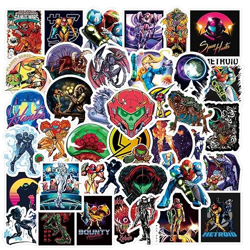 50Pcs Metroid Merchandise Stickers Pack, Cool Game Vinyl Waterproof Stickers for Water Bottles,Laptop,Skateboard,Phone,Computer,Car Decals Gift for Kids,Teens,Adults for Party Supplies