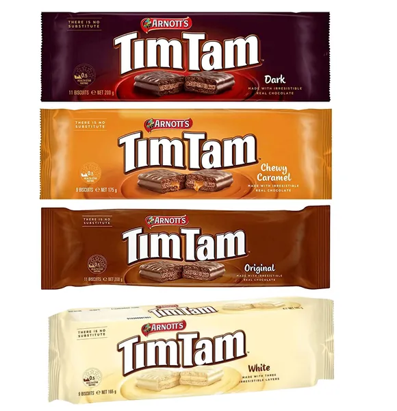 Tim Tam Cookies Arnotts | Australian Classics Sampler (Original, Chewy Caramel, White, Dark) | 4 Pack Full Size