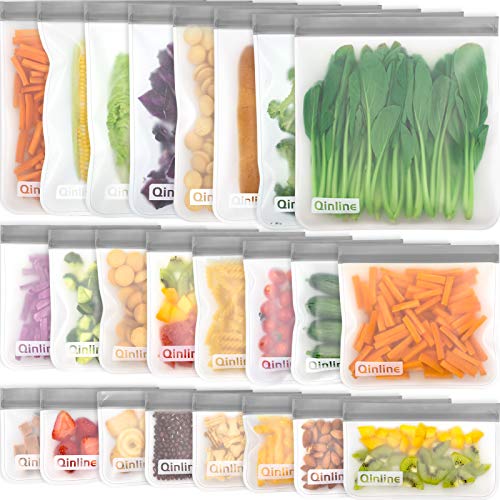 Qinline Reusable Food Storage Bags - 24 Pack BPA FREE Freezer Bags(8 Reusable Gallon Bags + 8 Leakproof Reusable Sandwich Bags + 8 Food Grade Snack Bags) EXTRA THICK Reusbale Lunch Bag for Salad Fruit - Grey