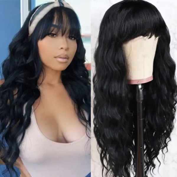 Vigorous Black Wig with Bangs Synthetic Long Black Wigs for Women Natural Wigs with Bangs (26 Inch)