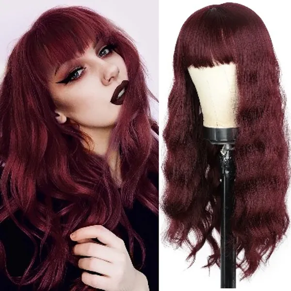 Vigorous Red Wig with Bangs Synthetic Long Wavy Wigs for Women Dark Burgundy Wigs for Cosplay Halloween