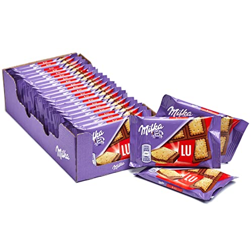 Milka LU Pocket - Mini Tablettes de Chocolat au Lait au Biscuit LU - Format Poche Facile à Emporter - Présentoir de 20 Mini Tablettes (35 g)