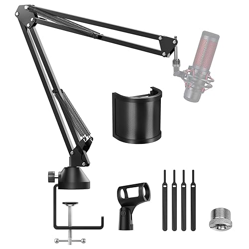 Blue Yeti Mikrofonarm Boom Arm Mikrofon Ständer, TONOR einstellbarer Mikro Mic Microphone Stand mit Extragroßer Popschutz 3/8" bis 5/8" Adapter für HyperX QuadCast Rode Elgato u.a. Microfono T10 - 35+35CM - Sichtbare Feder