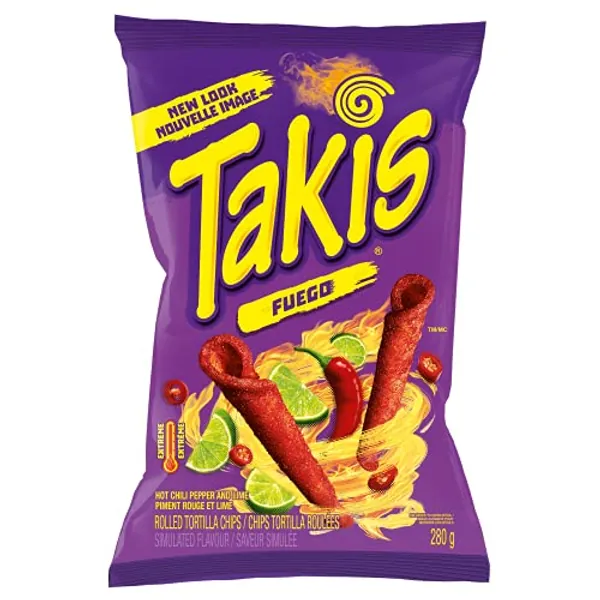 Takis Fuego Spicy Chili Pepper and Lime Rolled Tortilla Chips Loaded with Fiery Tangy Flavour, Crunchy Corn Snack, 280 Grams