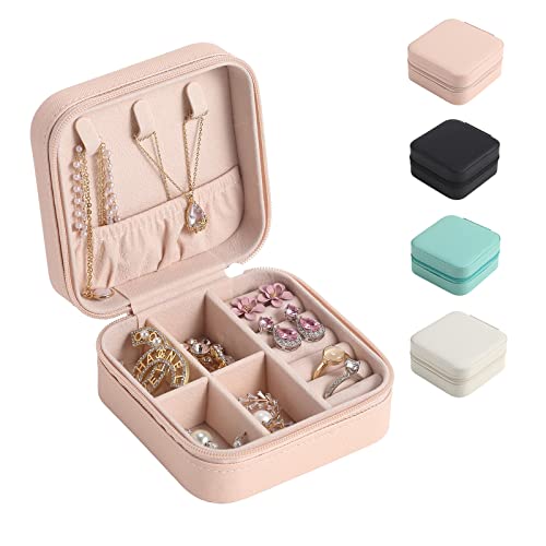 SYCARON Small Jewelry Box, Mother's Day Gift Mini Jewelry Organizer Travel Jewelry Case Portable Jewelry Storage Jewelry Box for Women and Girls Earring Rings Necklace Bracelets Accessories, Pink - 1 Pack Pink