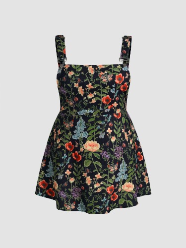 Corduroy Square Neck Floral Ruffle Hem Mini Dress