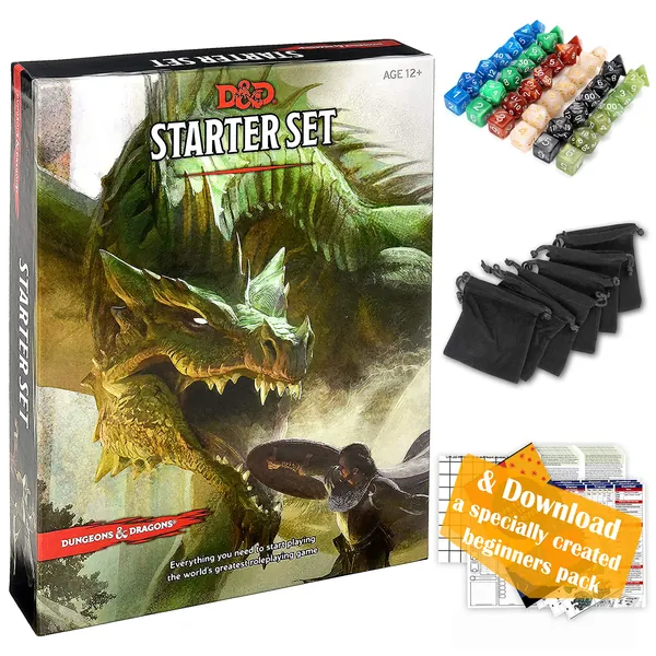 Dungeons and Dragons Starter Set 5th Edition - DND Starter Kit - Dice in Black Bag - Fun DND Rolling Board Games for Adults - New Adult Magic Board Game 5e Beginner Popular Pack Die Book - 