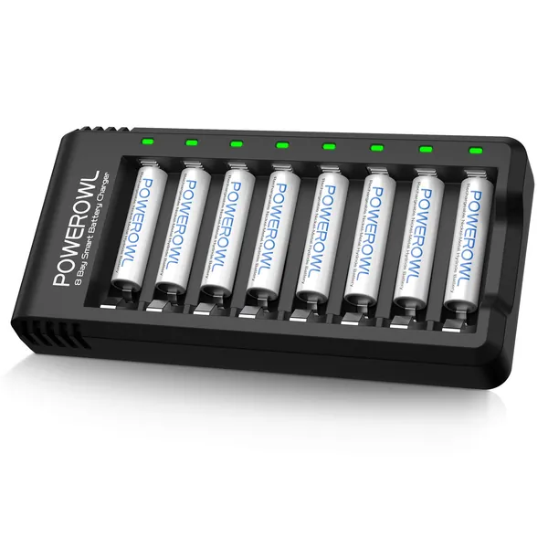 POWEROWL Rechargeable AAA Batteries with Charger, Advanced Individual Cell Battery Charger, High Capacity Low Self Discharge Ni-MH Triple A Batteries -Qty8 - 8pack