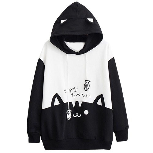 Comfy Kitten & Fish Hoodie | L / Black