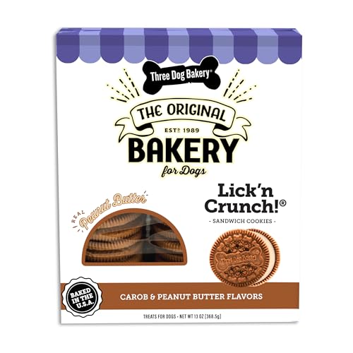 Three Dog Bakery Lick'n Crunch Sandwich Cookies Premium Dog Treats with No Artificial Flavors, Carob and Peanut Butter Flavor, 13 Ounces (Pack of 1) - 13 Ounce (Pack of 1) - Carob & Peanut Butter