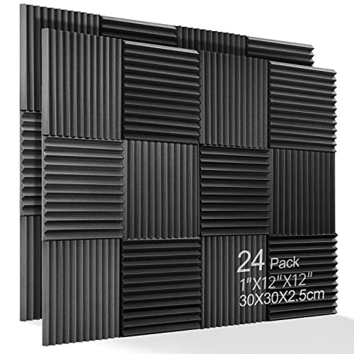 Kuchoow 24 Packs Sound Proof Foam Panels, 1" X 12" X 12", Soundproof for Walls, High Density Sound Absorbing Foam for Decreasing Noise and Echoes Indoor - 24P - Black
