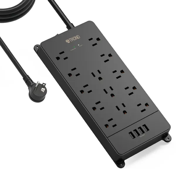 TROND Surge Protector Power Bar with 4 USB Ports, 10ft Long Extension Cord, Power Strip, 4000 Joules, 13 Widely-Spaced Outlets, Flat Plug, Wall Mountable for Home, Office, Dorm, ETL Listed, Black - 10ft Black