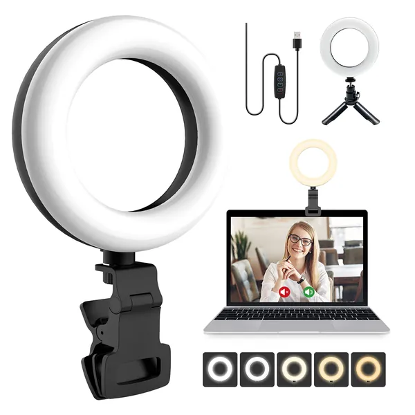 MOOWOOW 5" LED Ring Light, Selfie Ring Light with Clamp and Tripod, Dimmable Light, Clip On Ring Light, 5 Light Modes and 10 Brightness for Laptop, Makeup, Live Stream,Remote Work, Video Conference