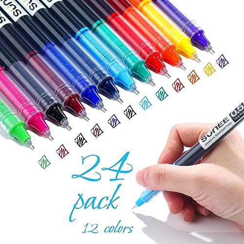SUNEE Rollerball Pens 24 Pcs (12 Colors), Quick-Drying Ink 0.5 mm Extra Fine Point Pens Liquid Ink Pen, Rollerball Colored Pens for Writing, Note taking and Drawing, Multicolor - Multicolor