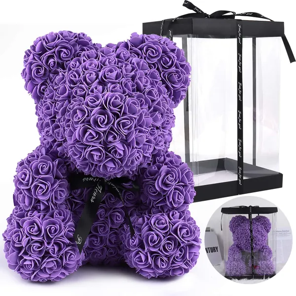 RECUTMS Artificial Rose Bear Flowers Rose Teddy Bear 10 inch Wedding Party Decoration Gift Box for Valentines Day Mothers Day Anniversary Birthday Present (Purple) - Purple 10*6.5inch