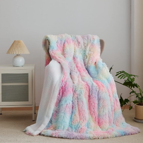 Kunstfelldecke – Sherpa Schafdecke – Comfort Luxuriöse Flauschige Kuscheldecke – weiche Decke für Couch und Bett – 130 x 160 cm – Regenbogen - 130 x 160 cm Regenbogen