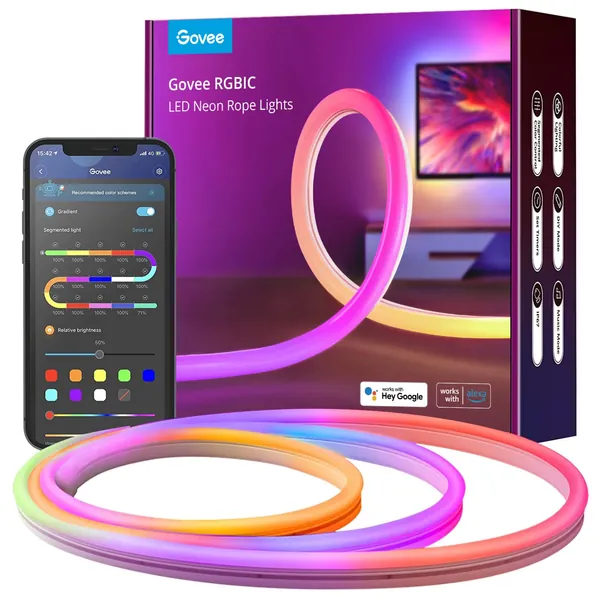 Govee Neon LED Strip 3m, RGBIC Neon LED Streifen mit App-Steuerung, DIY-Funktion, Musik Sync, funktioniert mit Alexa und Google Assistant, Neon Lichtband für Wohnzimmer, Schlafzimmer, Wand Deko