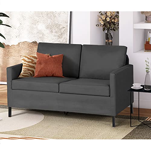 TYBOATLE Linen Fabric Modern Small Loveseat Sofa Couch for Living Room, 51" W Upholstered 2-Seater Love Seats w/Iron Legs for Small Space, Apartment, Bedroom, Dorm, Office (Dark Grey) - Dark Grey